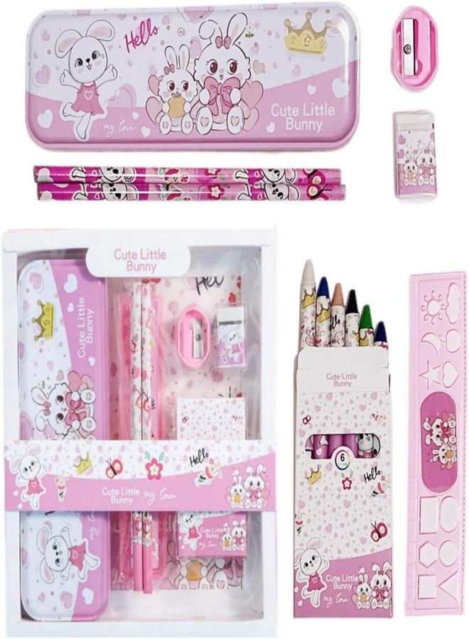 Parssufy® Stationery Set - 12 Pieces School Supplies Kit for Kids - Includes Pencil Case, Pencils, Ruler, Sharpener, Eraser, and Cryon Colors Return Gifting Kids, (Cute Little Bunny) - Image 1